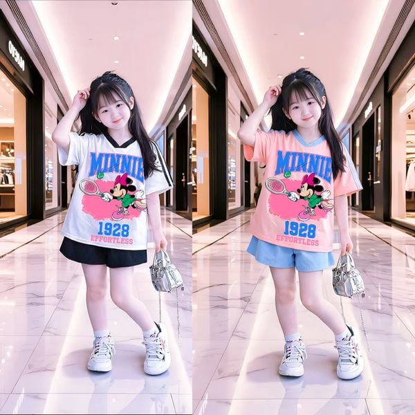 Bộ áo phom rộng cổ tim Mickey phối quần sort bé gái BXG2200