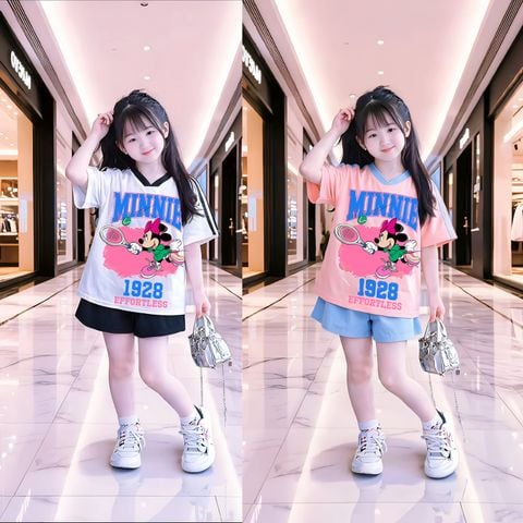Bộ áo phom rộng cổ tim Mickey phối quần sort bé gái BXG2200
