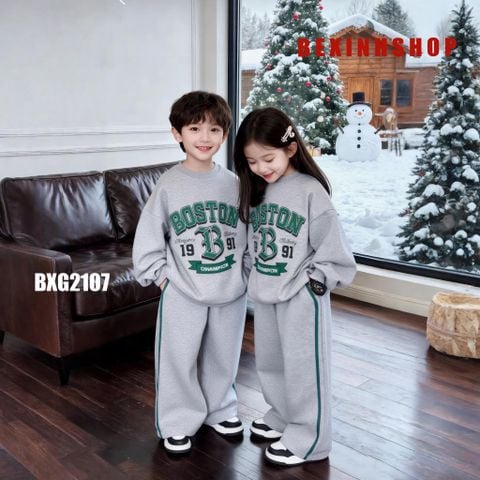 Bộ nỉ dài tay quần ống suông in chữ Boston cho bé trai & bé gái BXG2107