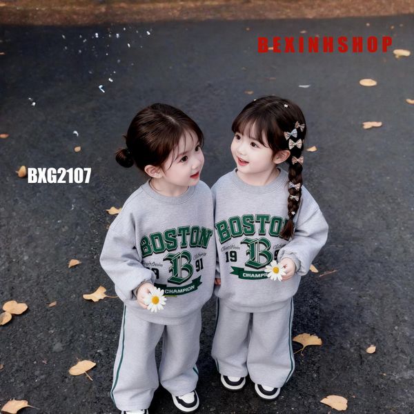 Bộ nỉ dài tay quần ống suông in chữ Boston cho bé trai & bé gái BXG2107