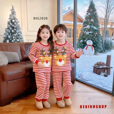 [Noel] Bộ thun sọc đồng phục in Hươu cho bé trai & bé gái mùa GIÁNG SINH BXG2020