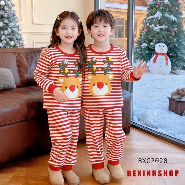 [Noel] Bộ thun sọc đồng phục in Hươu cho bé trai & bé gái mùa GIÁNG SINH BXG2020