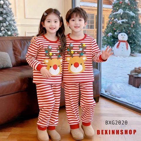 [Noel] Bộ thun sọc đồng phục in Hươu cho bé trai & bé gái mùa GIÁNG SINH BXG2020