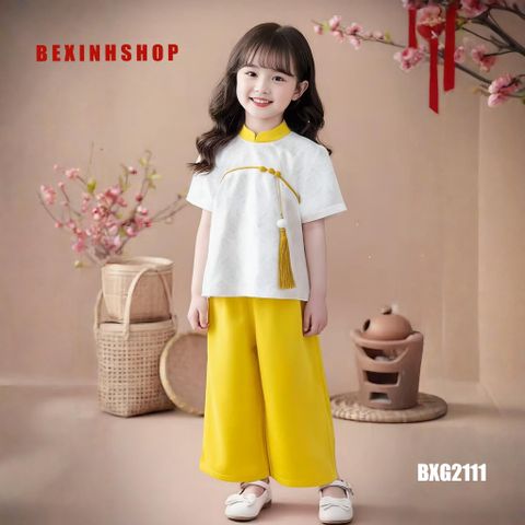 [Tết] Set bà ba Gấm pháp phục may đính kèm charm dễ thương cho bé gái BXG2110
