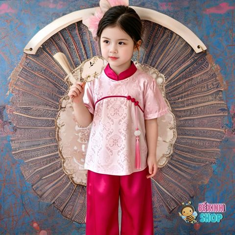 [Tặng Kèm Cham] Bộ Lam pháp phục bé gái, chất lụa Vân Thọ Dơi BXG2299