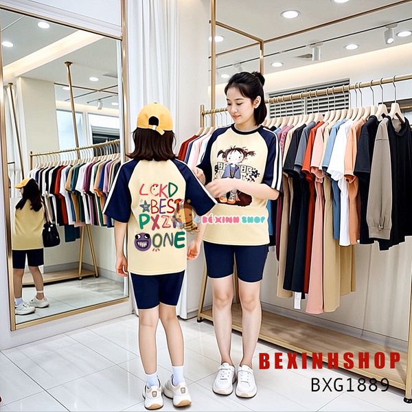 Set áo phối sọc in 3D quần legging lửng dễ thương cho Mẹ & Bé Gái BXG1889