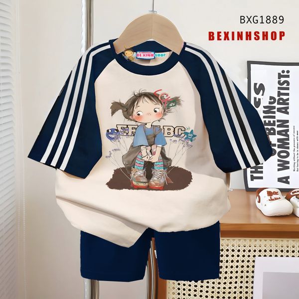 Set áo phối sọc in 3D quần legging lửng dễ thương cho Mẹ & Bé Gái BXG1889