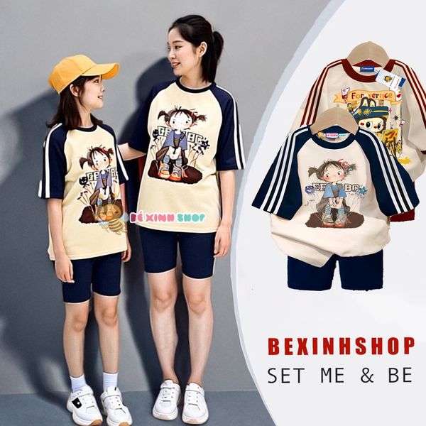 Set áo phối sọc in 3D quần legging lửng dễ thương cho Mẹ & Bé Gái BXG1889