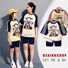 Set áo phối sọc in 3D quần legging lửng dễ thương cho Mẹ & Bé Gái BXG1889