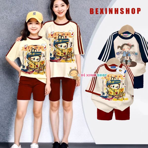 Set áo phối sọc in 3D quần legging lửng dễ thương cho Mẹ & Bé Gái BXG1889