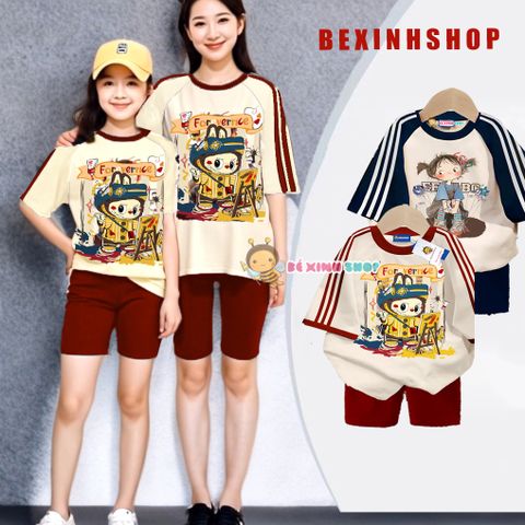 Set áo phối sọc in 3D quần legging lửng dễ thương cho Mẹ & Bé Gái BXG1889