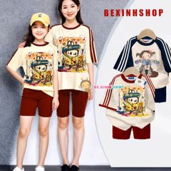 Set áo phối sọc in 3D quần legging lửng dễ thương cho Mẹ & Bé Gái BXG1889