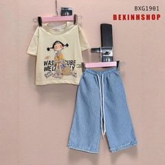 Set áo in cô gái quần ống suông phối bèo dễ thương cho bé gái BXG1901