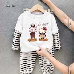 Bộ dài thu đông tay phối in Labubu Kitty quần dài bo ống dễ thương cho bé gái BXG1865