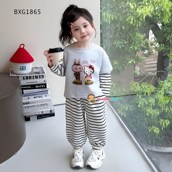 Bộ dài thu đông tay phối in Labubu Kitty quần dài bo ống dễ thương cho bé gái BXG1865