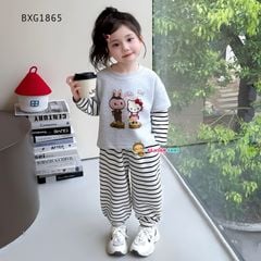 Bộ dài thu đông tay phối in Labubu Kitty quần dài bo ống dễ thương cho bé gái BXG1865