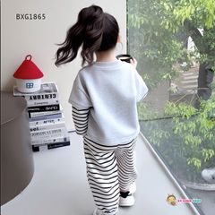 Bộ dài thu đông tay phối in Labubu Kitty quần dài bo ống dễ thương cho bé gái BXG1865