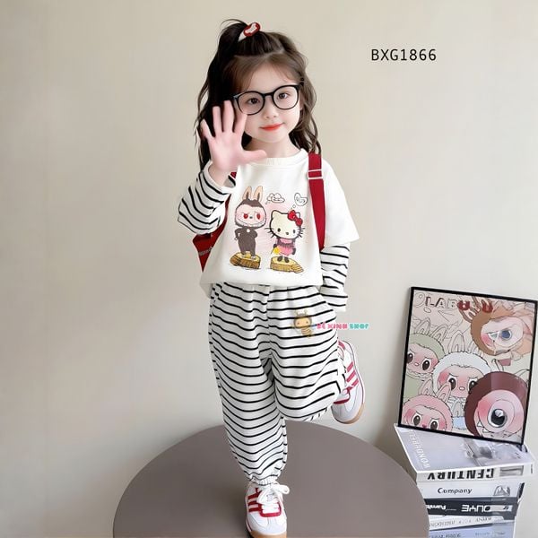 Bộ dài thu đông tay phối in Labubu Kitty quần dài bo ống dễ thương cho bé gái BXG1865