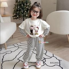Bộ dài thu đông tay phối in Labubu Kitty quần dài bo ống dễ thương cho bé gái BXG1865