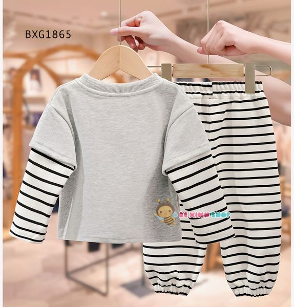 Bộ dài thu đông tay phối in Labubu Kitty quần dài bo ống dễ thương cho bé gái BXG1865