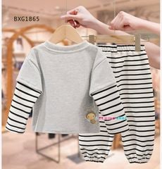 Bộ dài thu đông tay phối in Labubu Kitty quần dài bo ống dễ thương cho bé gái BXG1865