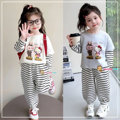 Bộ dài thu đông tay phối in Labubu Kitty quần dài bo ống dễ thương cho bé gái BXG1865