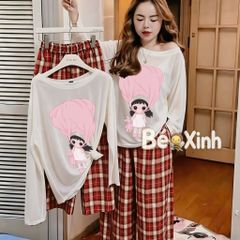 Set áo thun giấy quần caro ống suông nhà Bé Xinh cho mẹ & bé gái ngày Thu BXG2569