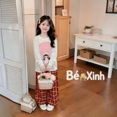 Set áo thun giấy quần caro ống suông nhà Bé Xinh cho mẹ & bé gái ngày Thu BXG2569