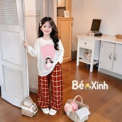 Set áo thun giấy quần caro ống suông nhà Bé Xinh cho mẹ & bé gái ngày Thu BXG2569