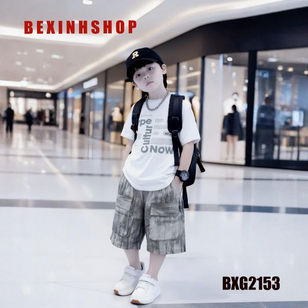Bộ đồ bé trai áo chữ quần túi hộp wash đá BXG2152