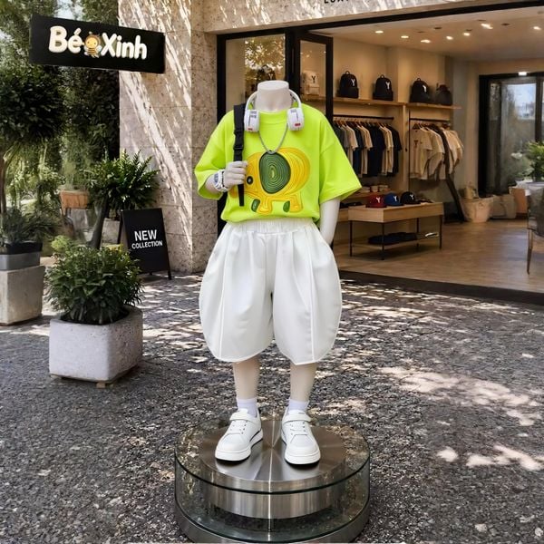 Set áo thun in voi quần lửng Cotton phom Baggy siêu ngầu cho bé trai BXG2321