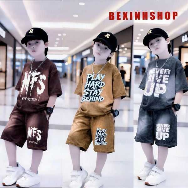 Bộ thun bé trai wash đá in CHỮ BXG2161