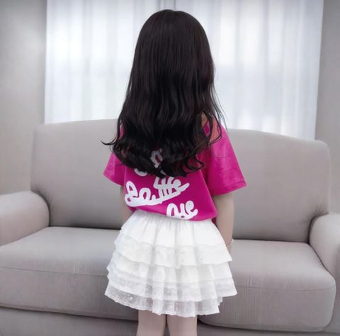 Set áo thun phối chân váy tầng lai ren dễ thương cho bé gái BGB124162