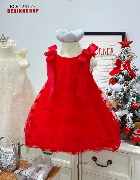 Đầm  bí Noel tim nổi đính nơ vai dễ thương cho bé gái BGB124177