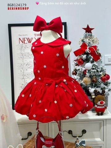 Đầm sát nách thêu hoa nổi đính nơ TẶNG BỜM dễ thương cho bé gái BGB124179