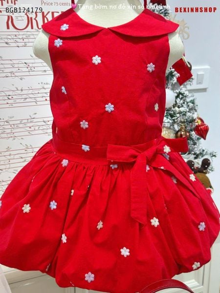 Đầm sát nách thêu hoa nổi đính nơ TẶNG BỜM dễ thương cho bé gái BGB124179