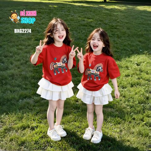 Set áo in ngựa kèm chân váy tầng bé gái BXG2274