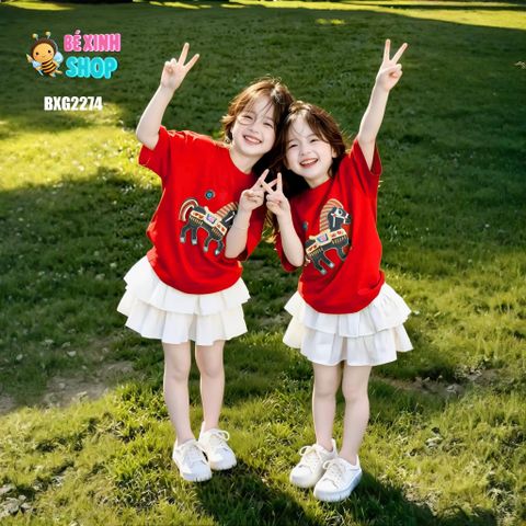 Set áo in ngựa kèm chân váy tầng bé gái BXG2274