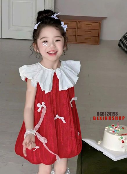 Đầm tơ nhũ xếp ly bí ngô đính nơ dễ thương cho bé gái BGB124193