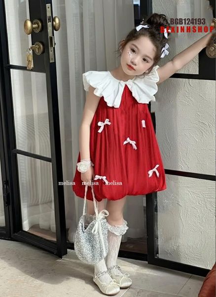 Đầm tơ nhũ xếp ly bí ngô đính nơ dễ thương cho bé gái BGB124193