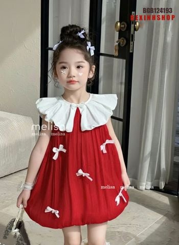 Đầm tơ nhũ xếp ly bí ngô đính nơ dễ thương cho bé gái BGB124193
