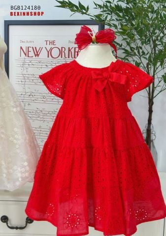 Đầm thô thêu cổ nơ dáng xòe dễ thương cho bé gái BGB124180