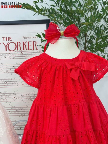 Đầm thô thêu cổ nơ dáng xòe dễ thương cho bé gái BGB124180