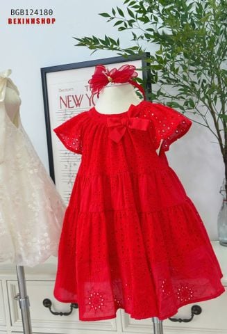 Đầm thô thêu cổ nơ dáng xòe dễ thương cho bé gái BGB124180