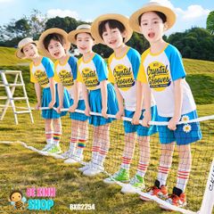 Bộ đồng phục bé trai & bé gái áo thun In Chữ Crystal quần váy cho bé nhảy múa, đi chơi BXG2254