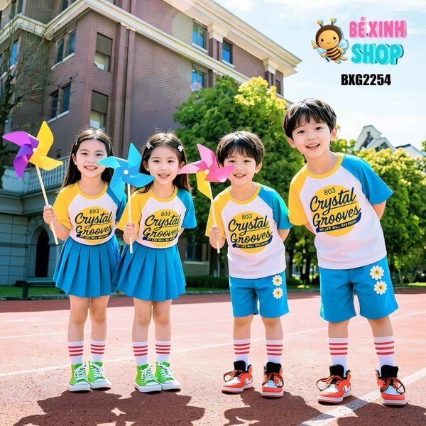 Bộ đồng phục bé trai & bé gái áo thun In Chữ Crystal quần váy cho bé nhảy múa, đi chơi BXG2254