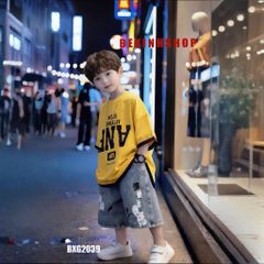 Set đồ bé trai áo in chữ loang ANF quần jeans phom rộng BXG2039