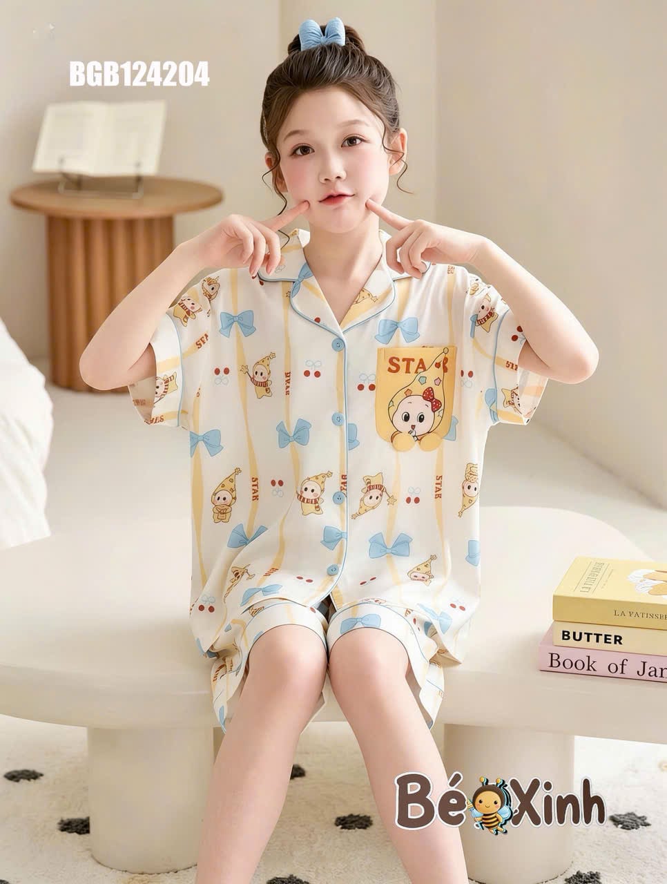 Set pijama lụa đùi hoạ tiết dễ thương cho bé gái BGB124202