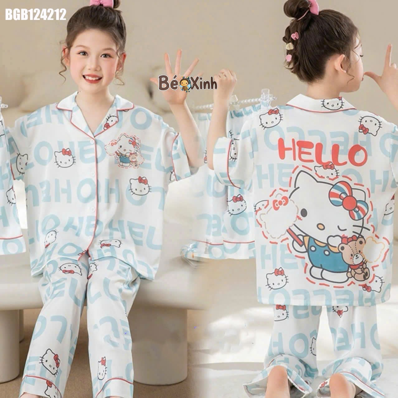 Set pijama lụa Quần Dài họa tiết hoạt hình dễ thương cho bé gái BGB124211