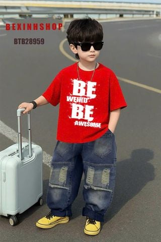 Set Jean quần dài wash rách túi ngược phối áo chữ cực ngầu cho bé trai BTB28958